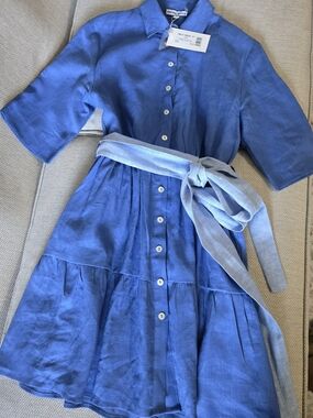 NWT Light Blue Linen Button-Front Dress with Tie Belt